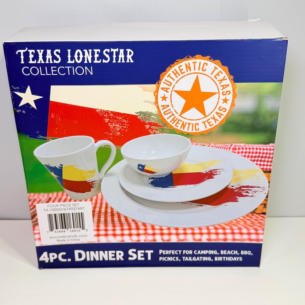 Texas Lonestar Collection 4pc Melamine Dinner Set‎ Texas Flag TX-100SD NEW